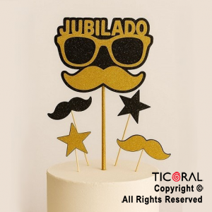ADORNO DE TORTA SET JUBILADO CON 4 ESTRELLAS Y BENGALA GIBRE ORO x 1